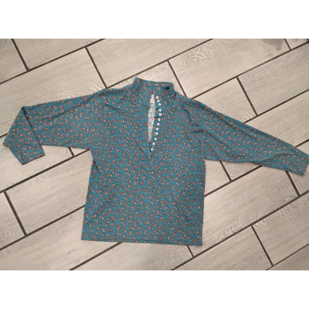 American Cottons Teal Paisley Mock Neck Button Front Top Vintage Made in USA M